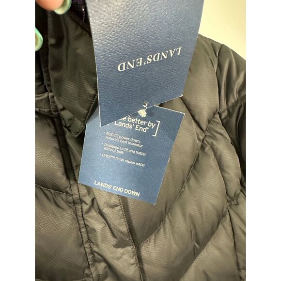 Lands' End Black Purple Lining 600 Fill Down DriOff Puffer Coat Large 14-16 NEW - Picture 2 of 6